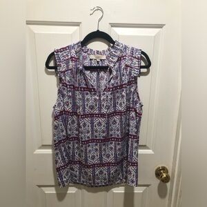 LOFT 100% rayon tile print top with v-neck and ties. Size L.